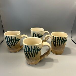 Set  of 4 Stegall Art Studio Pottery Fern Coffee or Tea Mugs Cabin Rustic tans